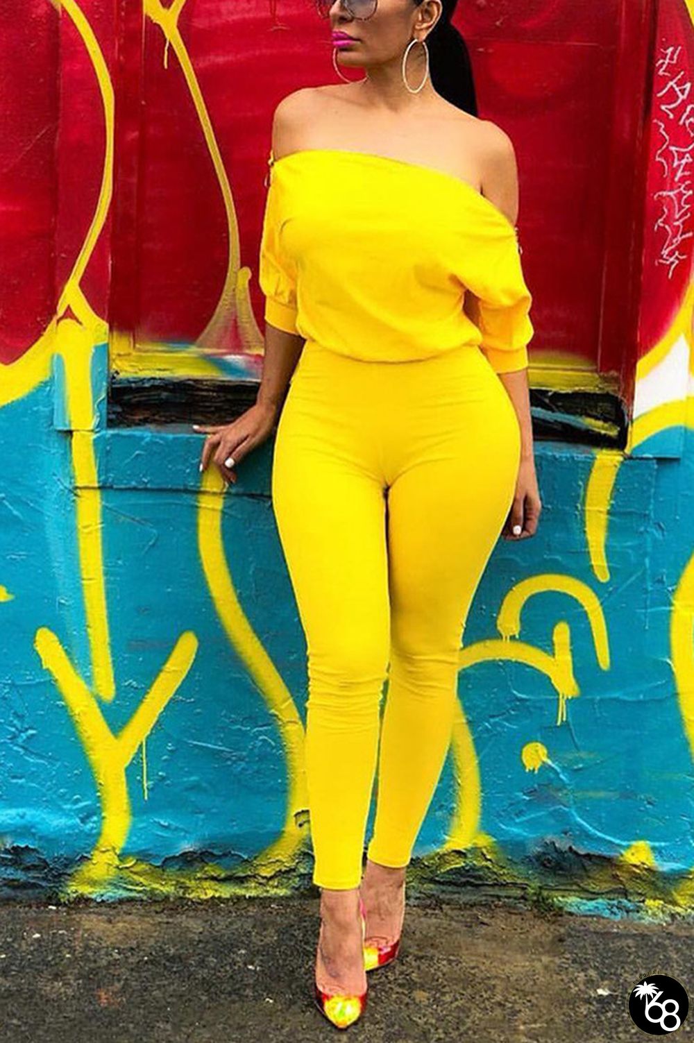 Yellow Fashion Sexy Patchwork Solid zipper Short Sleeve one word collar Jumpsuits | 168DEAL