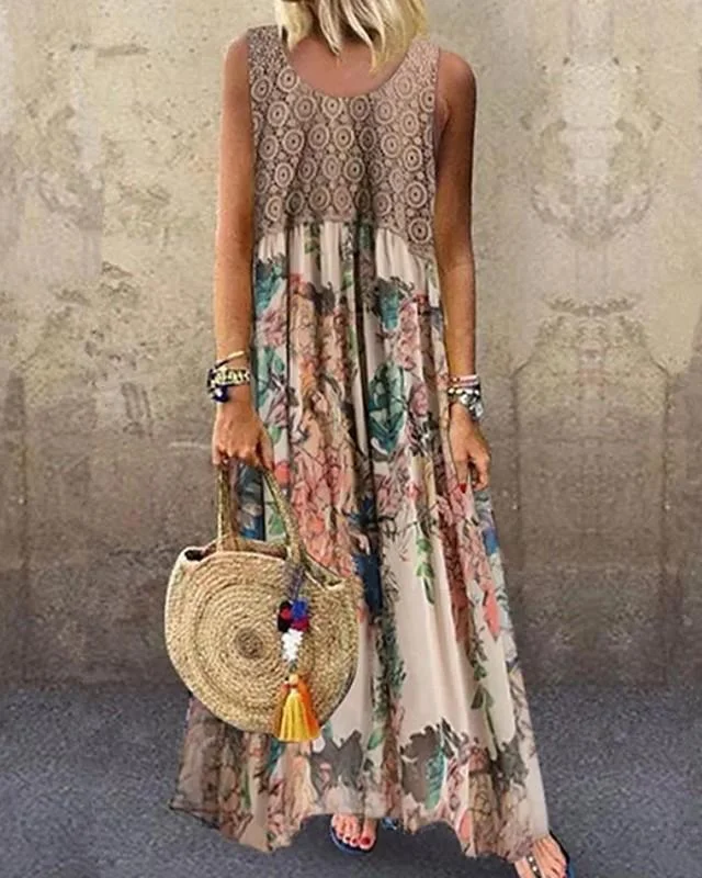 Women's Maxi long Dress Sleeveless Floral Print Summer Hot Beige