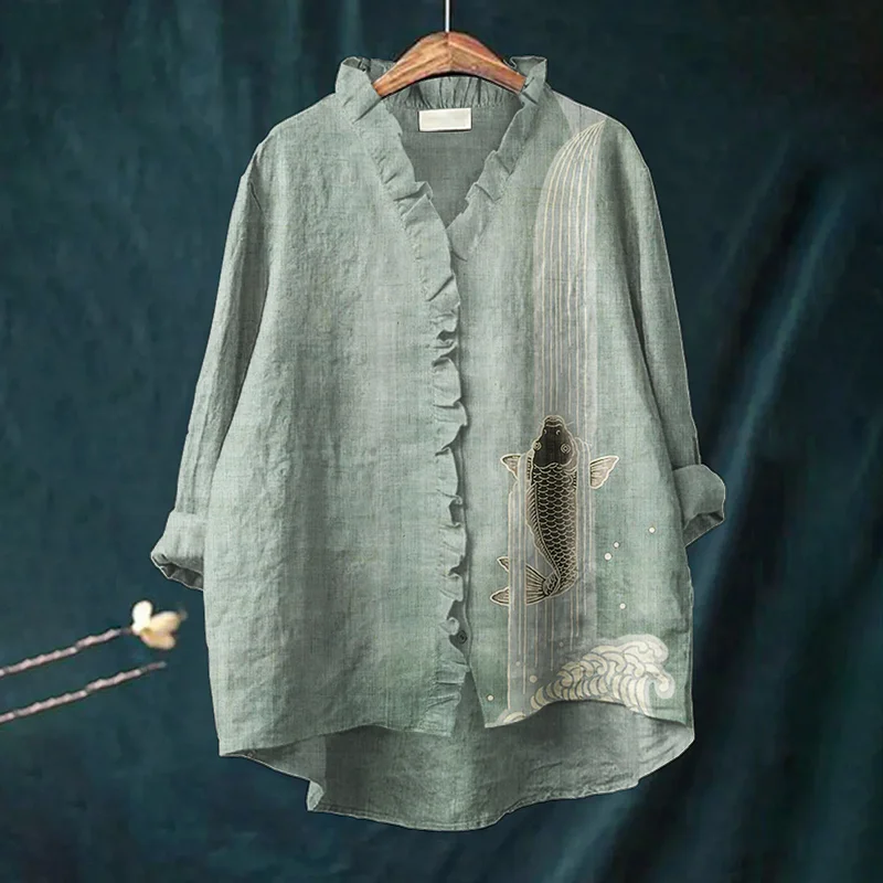 Upstream Carp Japanese Art Ruffle Trim Linen Blouse