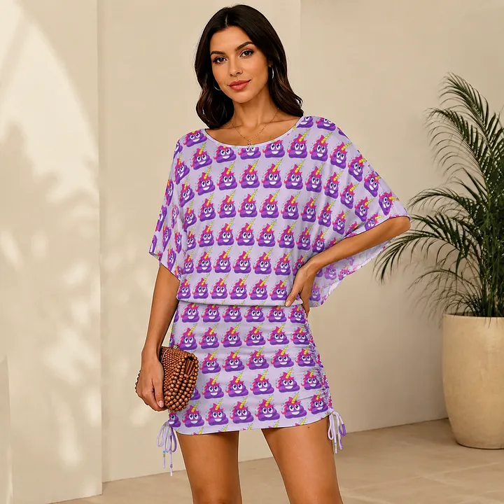 emoji bodycon mini dress SFneewho Brown Nerd Glasses Poop Emoji Black Smiling Batwing Mini Dress Women Side Ruched Hips-Wrapped Bodycon Dress Slouchy Party Outfit