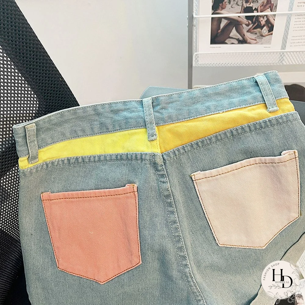 Fashion Color Contrast Stitching Denim Shorts