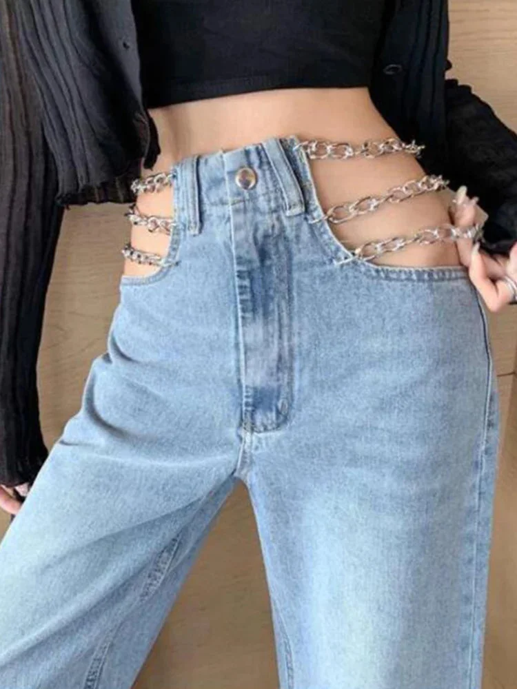 Oocharger Designed Chain Women Jeans Hollow Out Sexy Summer Straight Denim Pants High Waist Korean Fashion Ladies Light Blue Jean