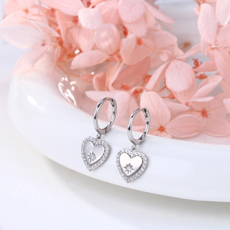 1 Pair 925 Sterling Silver Zircon Heart Shape Solid Color Drop Earrings
