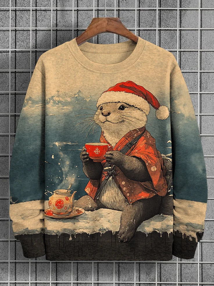 Men's Christmas Otter Drinking Hot Drink By The River Art Print Casual Sweatshirt