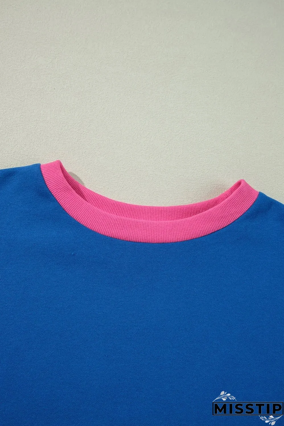 Sky Blue Color Block Edge Balloon Sleeve Plus Size Sweatshirt