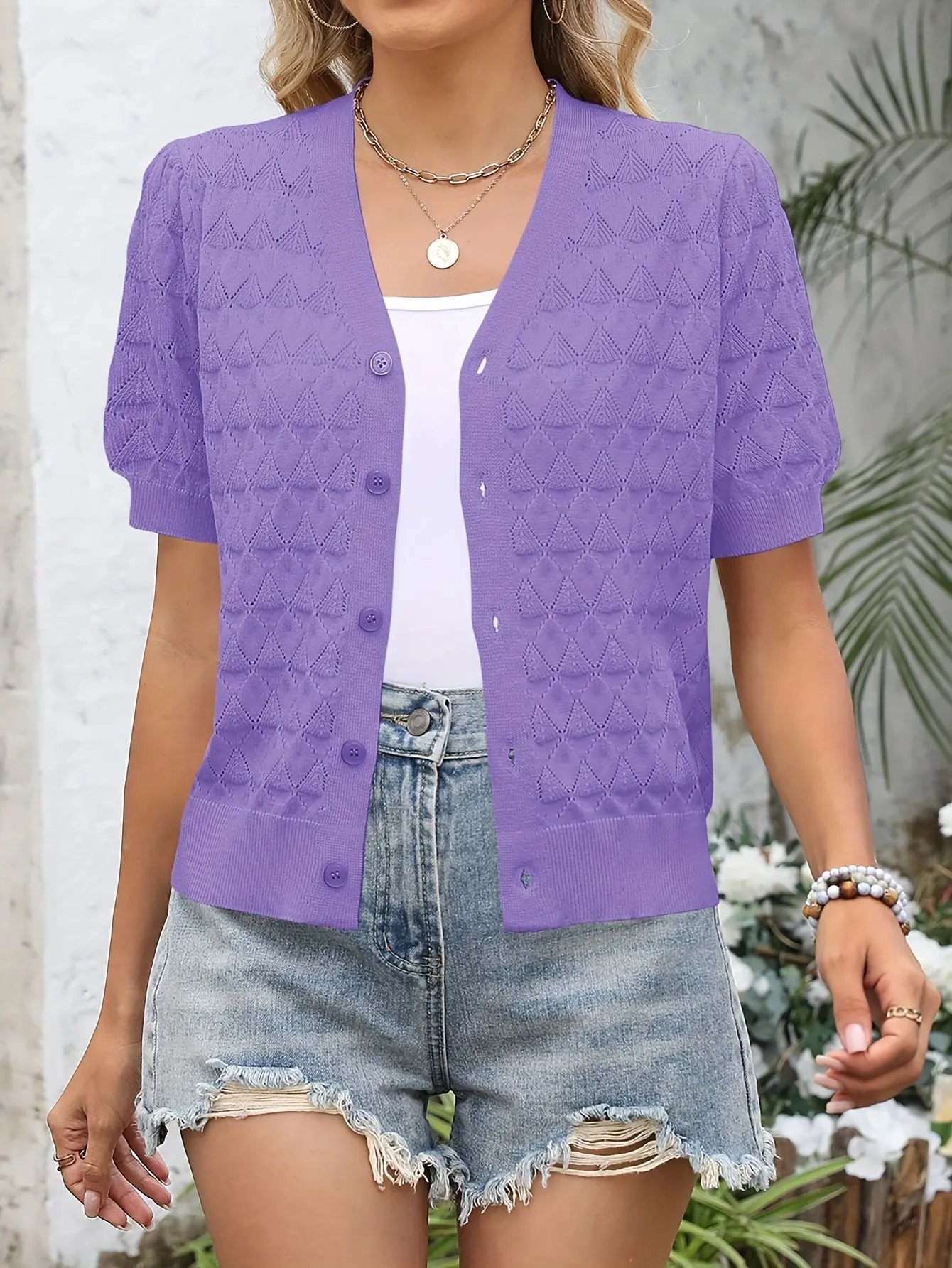 Breathable Lightweight Womens Crocheted Short Cardigan with Puff Sleeves-Comfortable