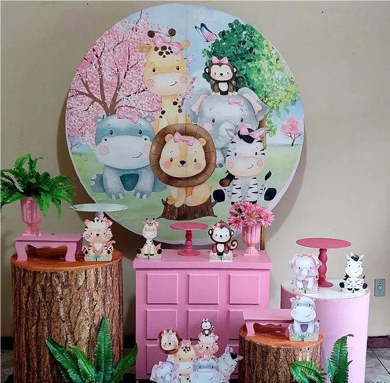 Pink Green Trees Cute Cartoon Animals Baby Shower Party Round Cover RedBirdParty