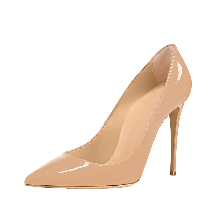 Elegant Nude Patent Leather Closed Pointed Toe Stiletto Pumps Heels |FSJ Shoes