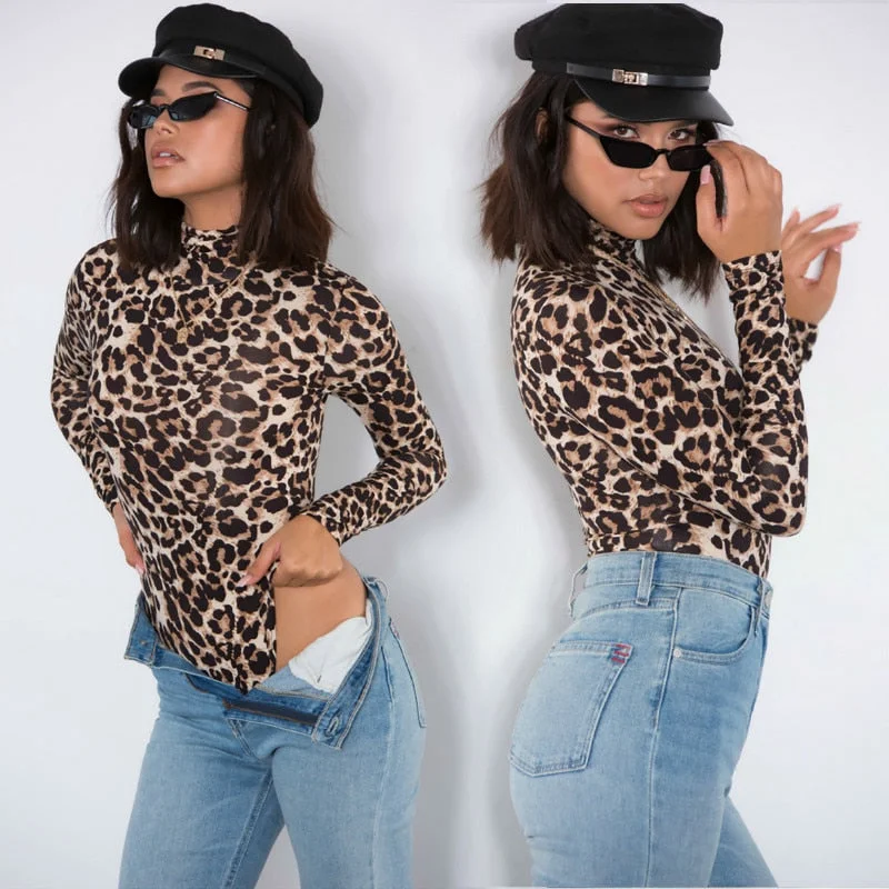 Women Leopard Bodysuit Tops 2021 Autumn Turtleneck Long Sleeve Bodycon Skinny Bodysuits Jumpsuits Ladies Sexy Vintage Club Wear