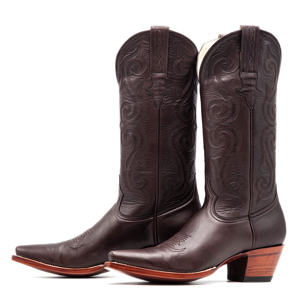 Stitching Snip Toe Chunky Heel Mid-Calf Pull-On Cowgirl Boots in Brown Nicepairs