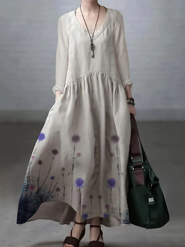 Comstylish Vintage Floral Print V-Neck Long Sleeve Midi Dress