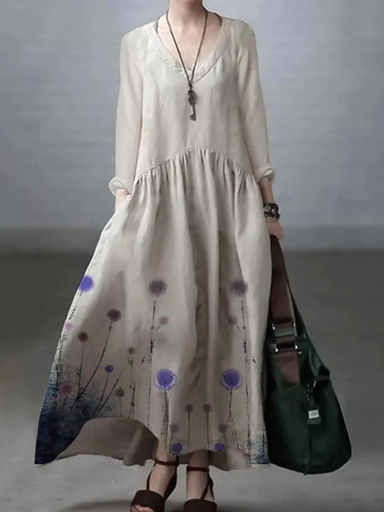 Vintage Floral Print V-Neck Long Sleeve Midi Dress