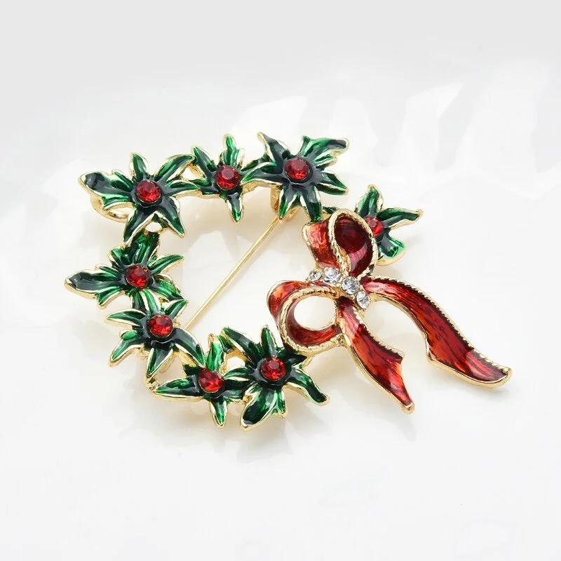 Christmas Bowknot Flower Wreath Enamel Brooch Pins