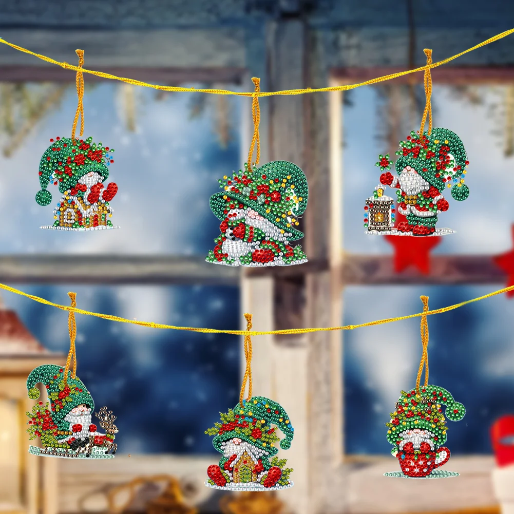 6pcs Xmas Gnome 2D Flat DIY Diamond Painting Art Pendant Wall Door Decoration