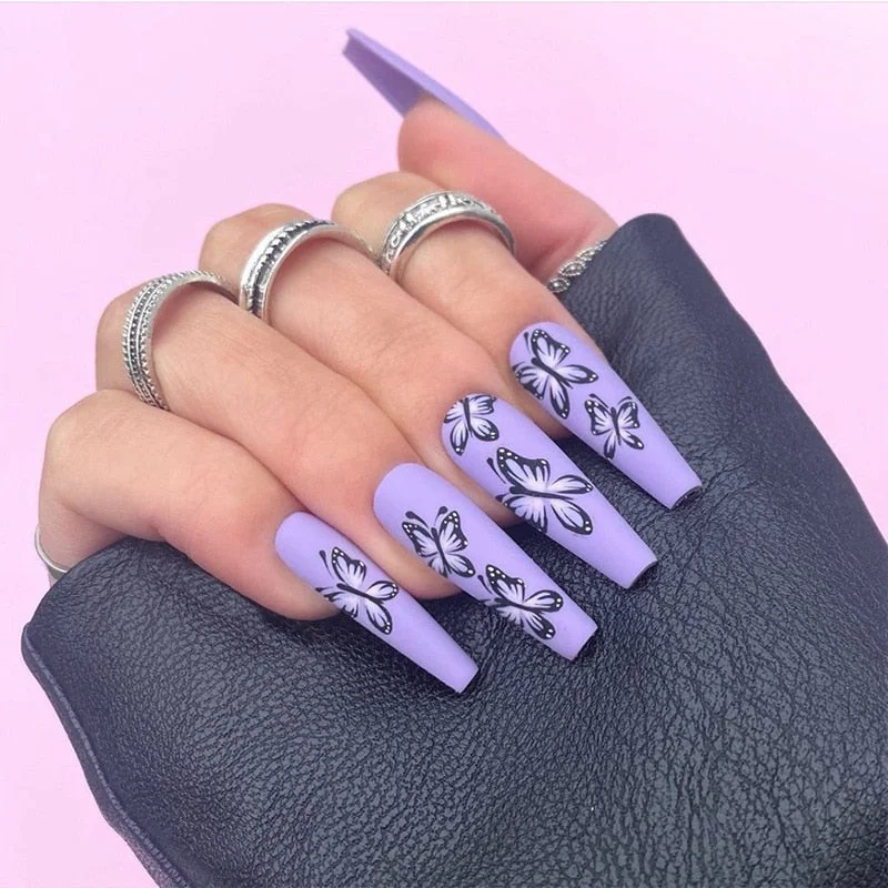 24PCS Purple Butterfly Nail Patch Sweet Style Glue Type Removable Long Paragraph Manicure Save Time False Nail Patch SANA889-Nail Inspo