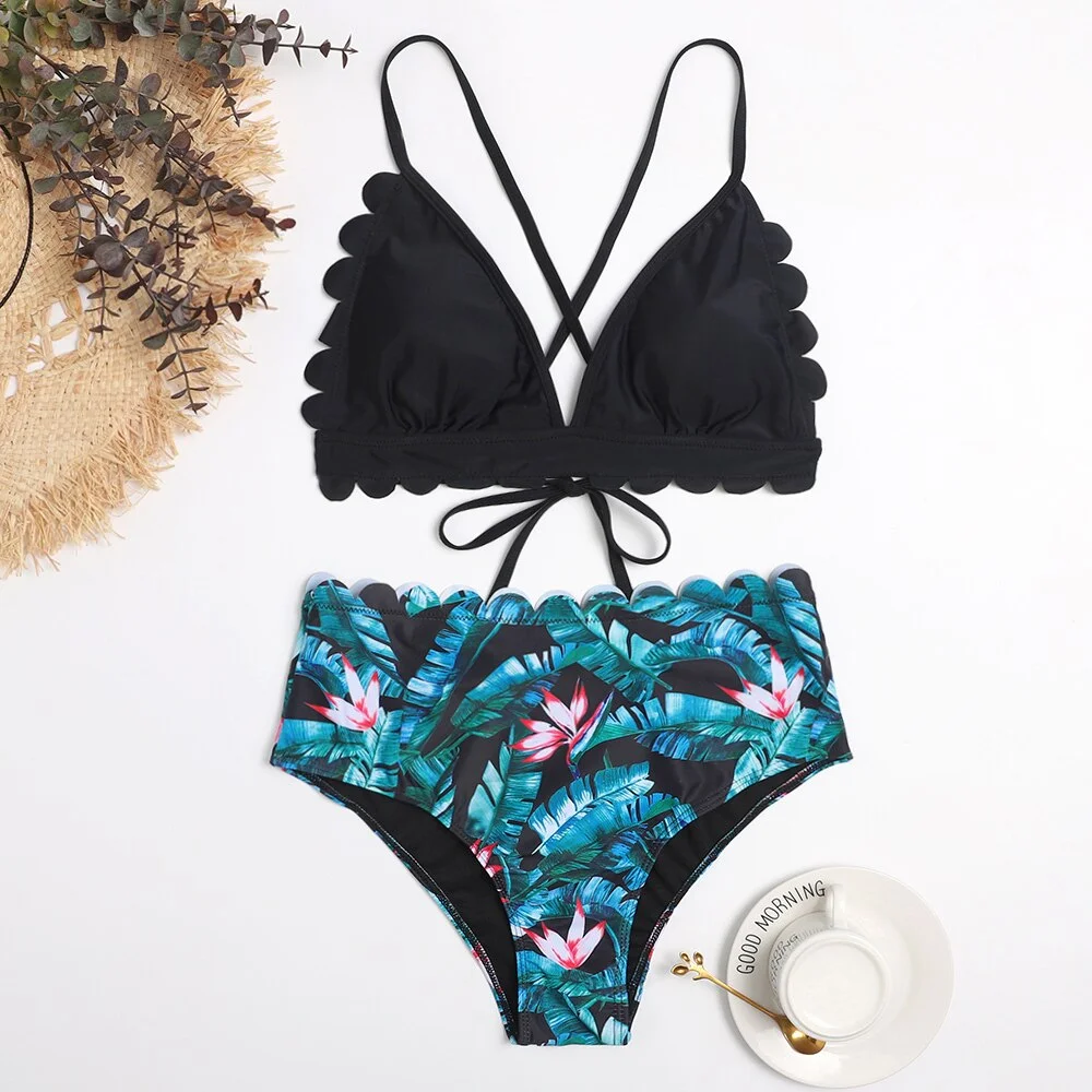 2021 New Sexy High Waist Bikini Set Solid Print Scalloped Lace Up Swimwear Women Swimsuit Brazilian Bathing Suit Female biquini