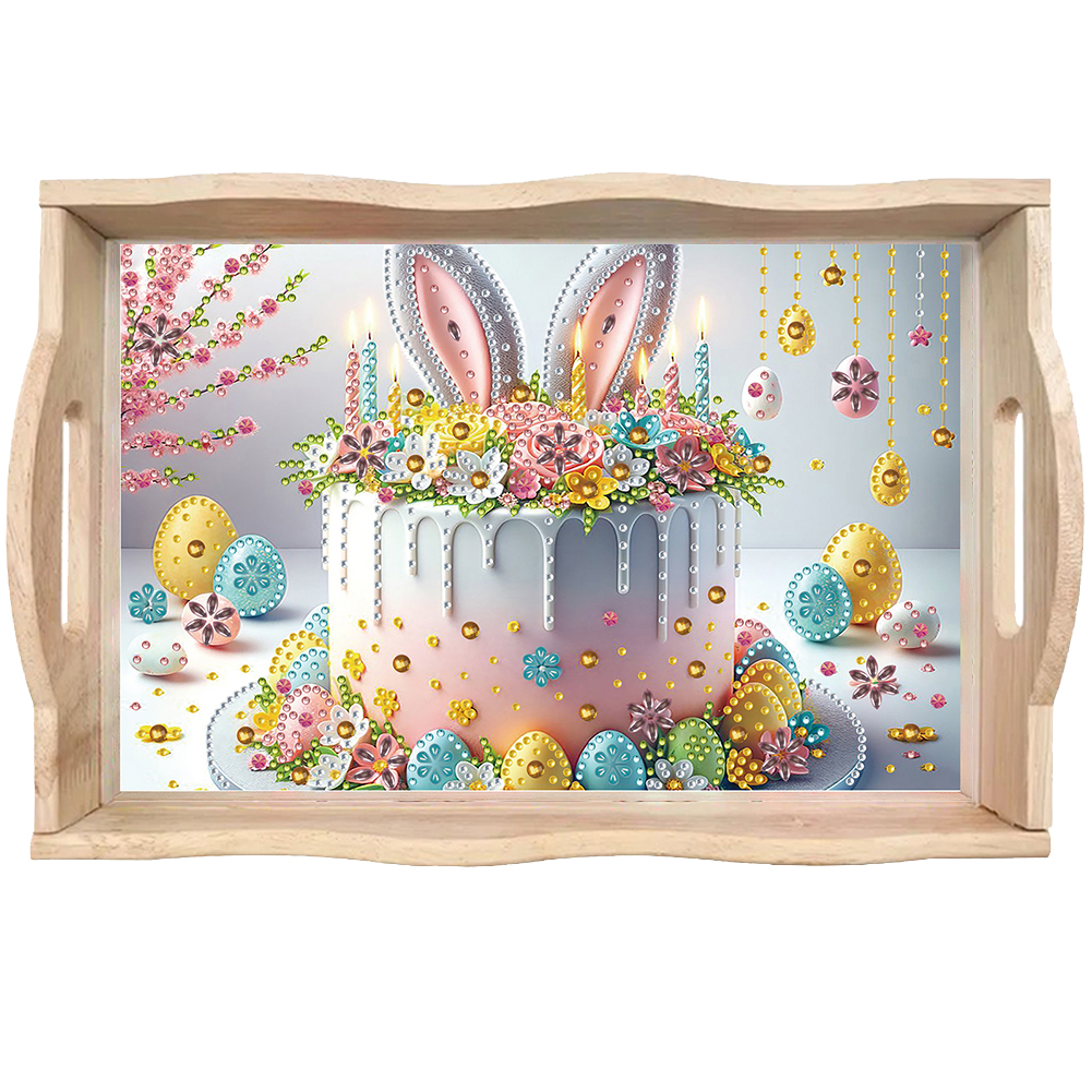 Wooden Rabbit Cake 5D DIY Diamond Painting Serving Tray for Home Decoration