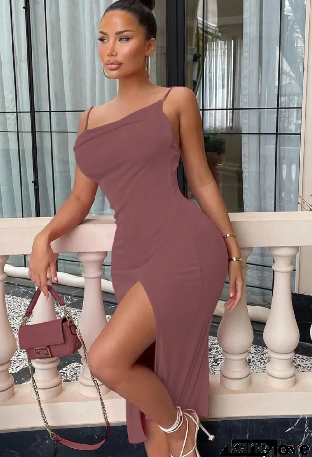 Summer Party Solid Color Slit Strap Midi Dress