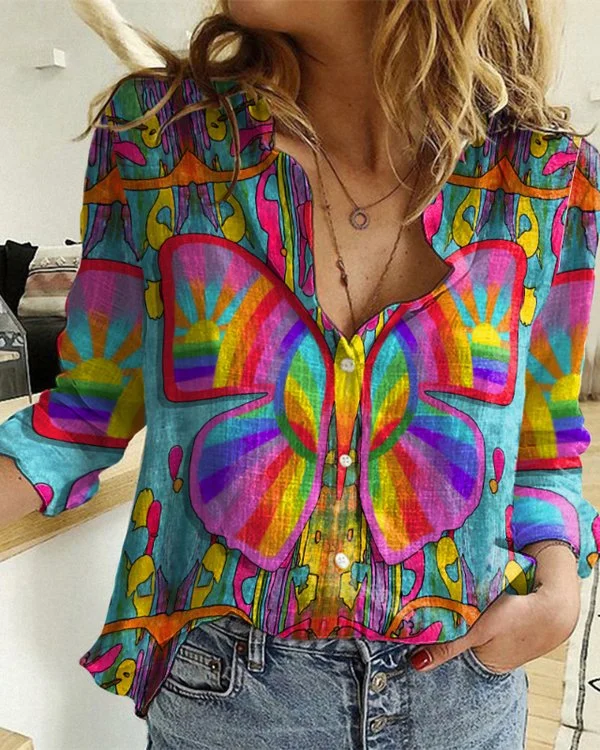 🔥kukelife🔥Stand Collar Colorful Butterfly Print Long Sleeve Shirt