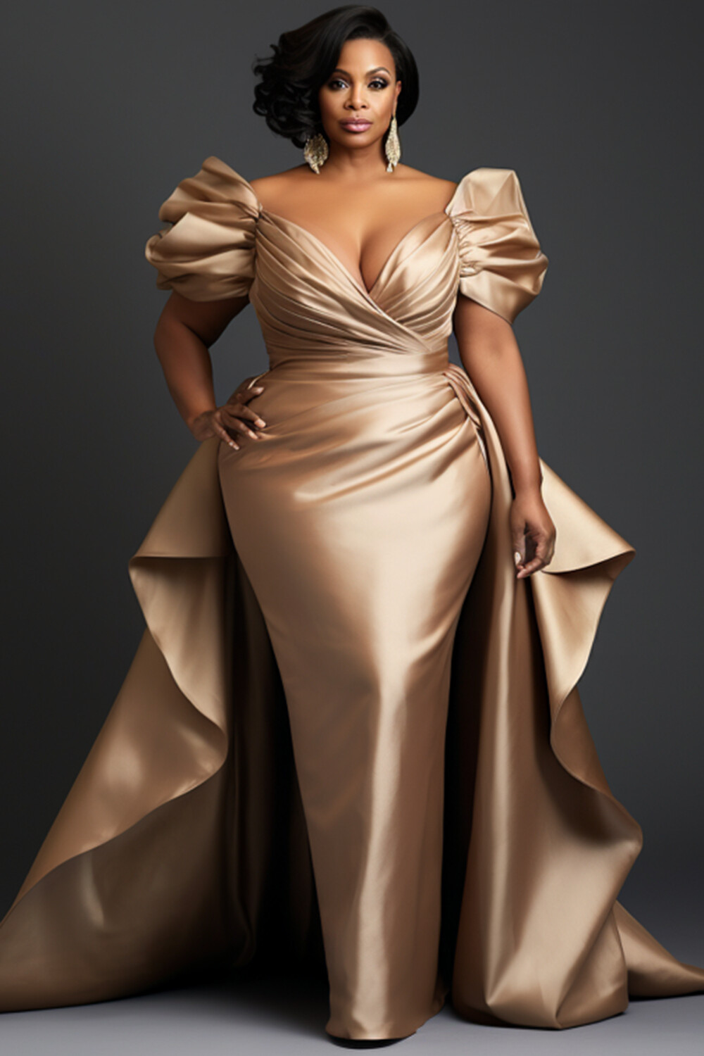 Xpluswear Design Plus Size Formal Gold Elegant Off The Shoulder Short Sleeve With Skirt Overlay Bodycon Satin Maxi Dresses [Pre-Order]