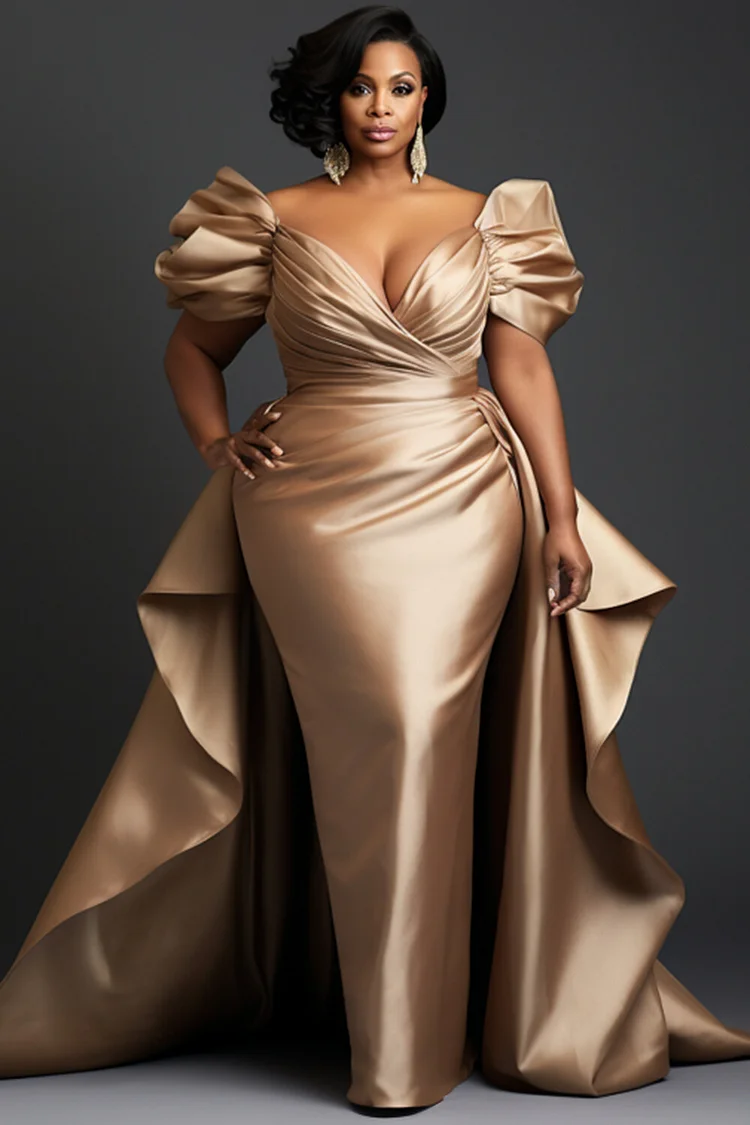 Xpluswear Design Plus Size Formal Gold Elegant Off The Shoulder Short Sleeve With Skirt Overlay Bodycon Satin Maxi Dresses [Pre-Order] 2024 - Xpluswear