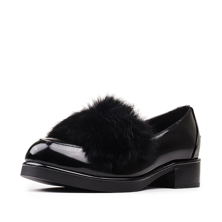 Black Patent Leather Furry Loafers For Women |FSJ Shoes