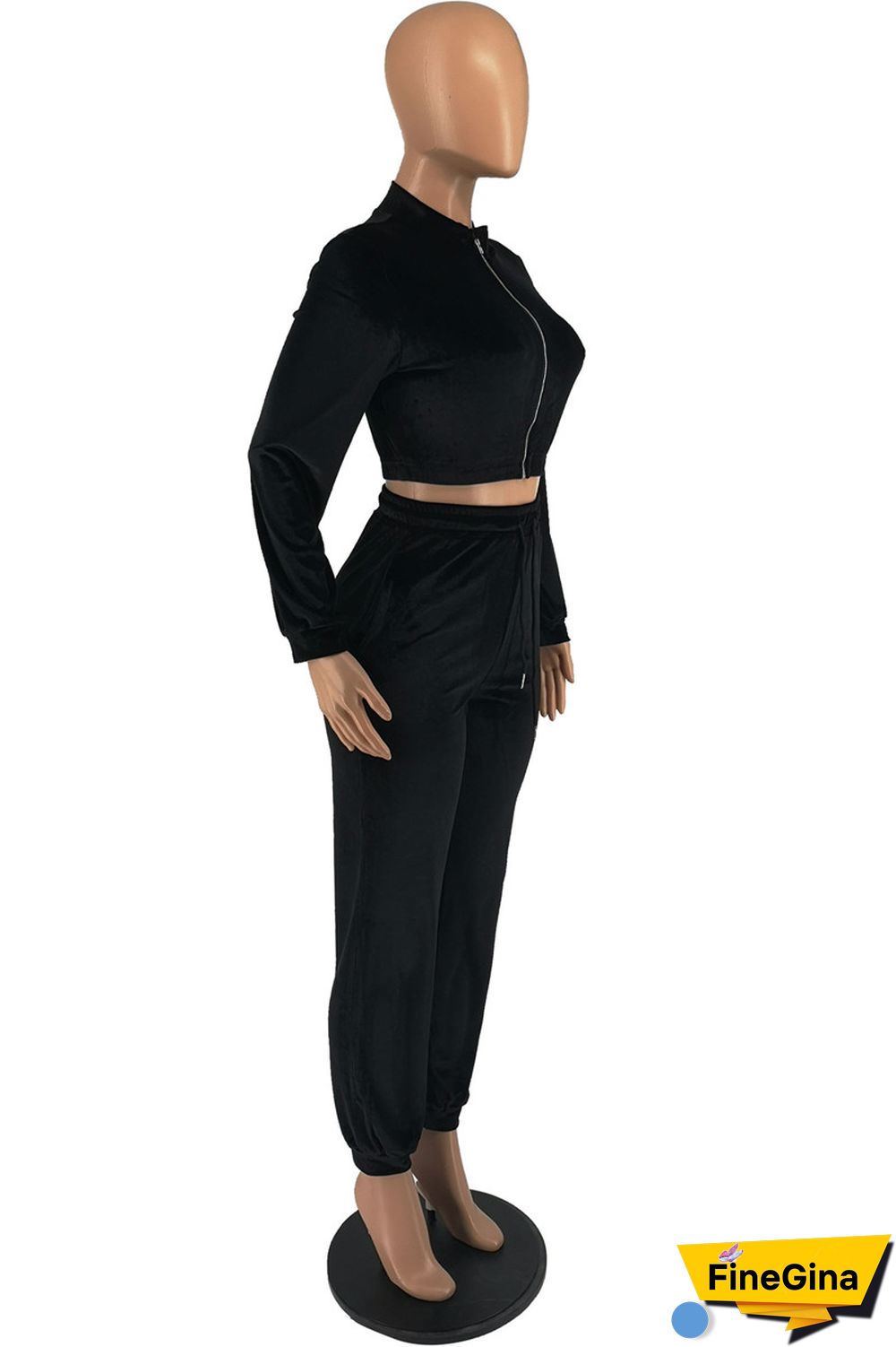 Black Casual Solid Patchwork Zipper Collar Long Sleeve Two Pieces