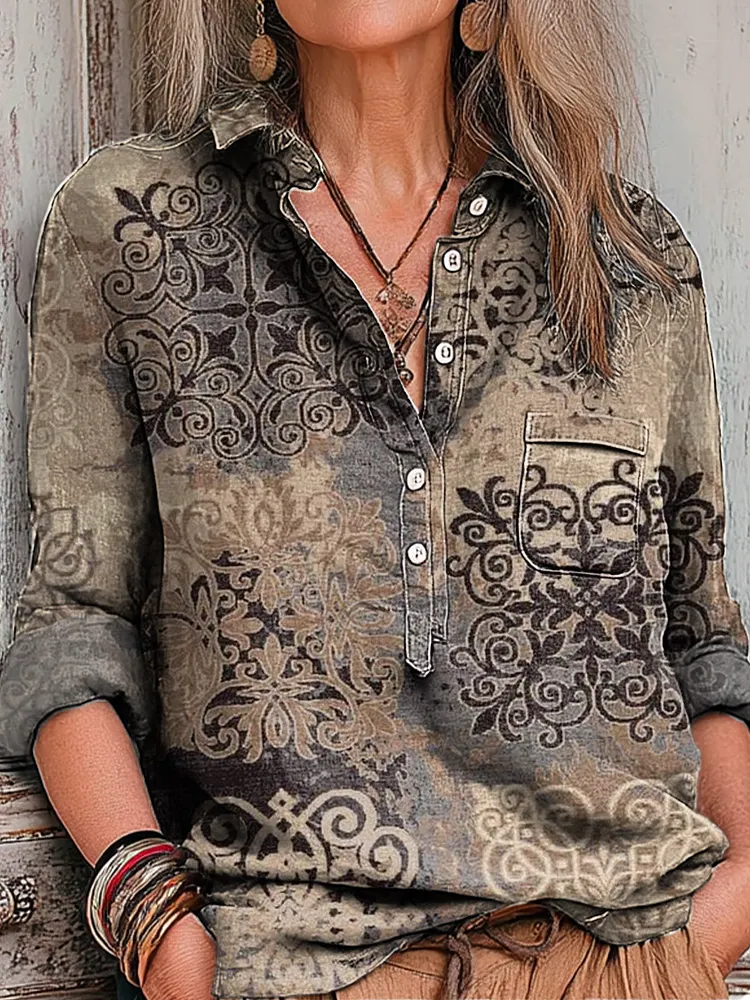Women's Vintage Ethnic Geometric Floral Painting Art Print Casual Cotton And Linen Shirt
