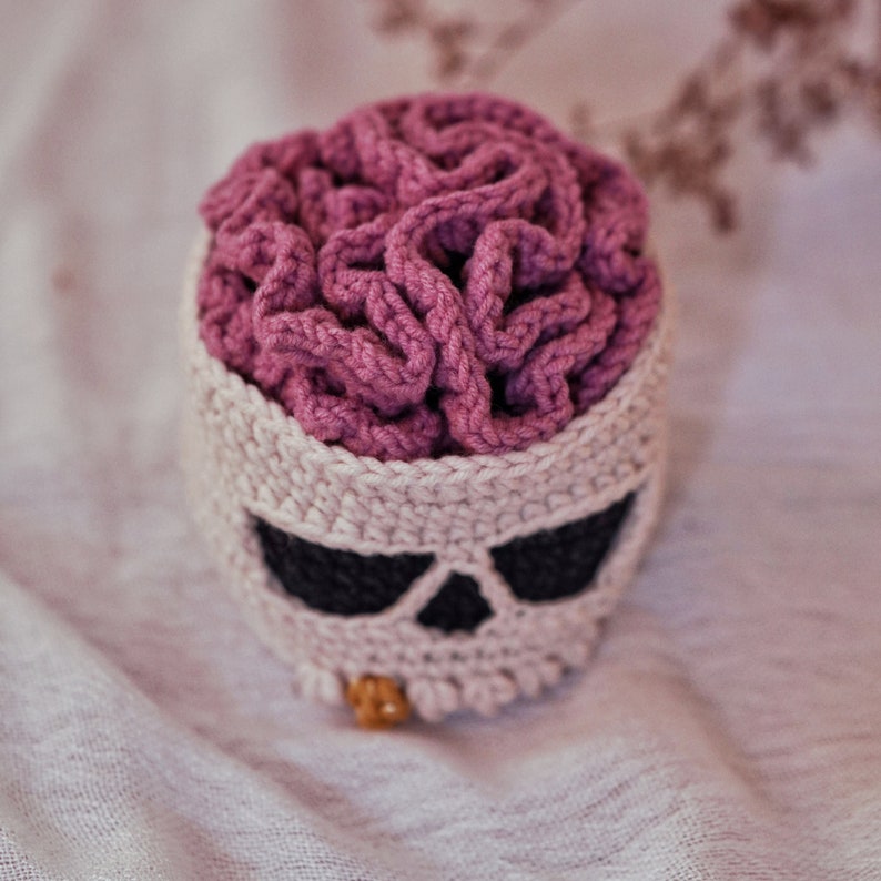May include: A crocheted brain in a pink skull container.
