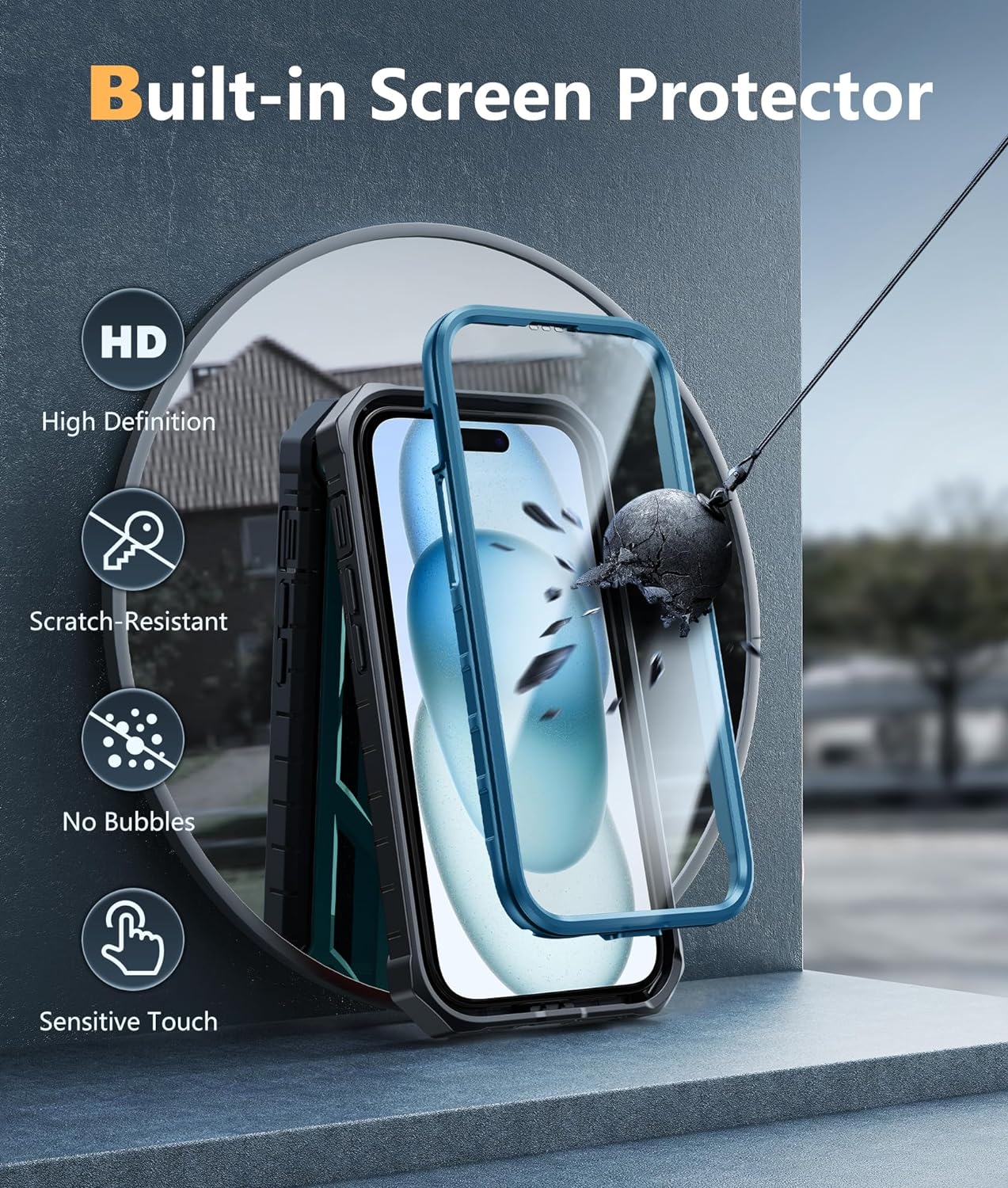 ProCaseMall iPhone 15 Phone Case Military Grade Shockproof Full Protection Hard Phonecase with Kickstand Blue