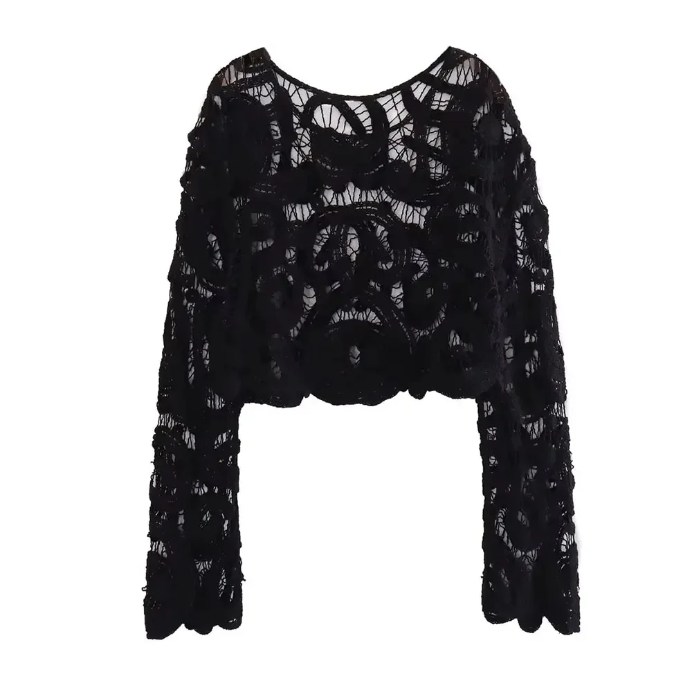 Woherb Women Fashion Cropped Semi-sheer Crochet Knit Sweater Sexy O Neck Long Sleeve Female Pullovers Chic Tops