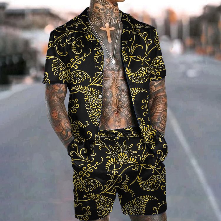 BrosWear Men's Vintage Flower Holiday Casual Short Sleeve Shirt And Short Co-Ord