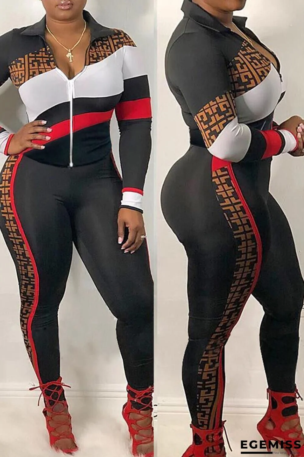 Black Fashion Sexy Active Patchwork Print Solid Straight Long Sleeve Two Pieces | EGEMISS
