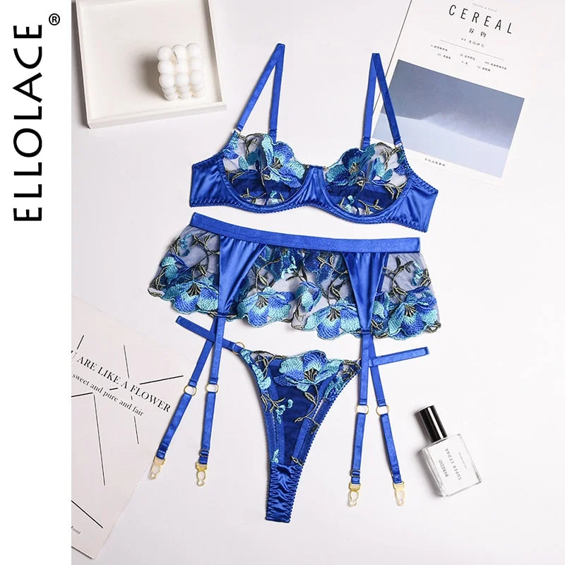 Ellolace Floral Lingerie Women's Underwear Fancy Transparent Bra Brief Set with Garters Embroidery Sexy Lace Erotic Intimate