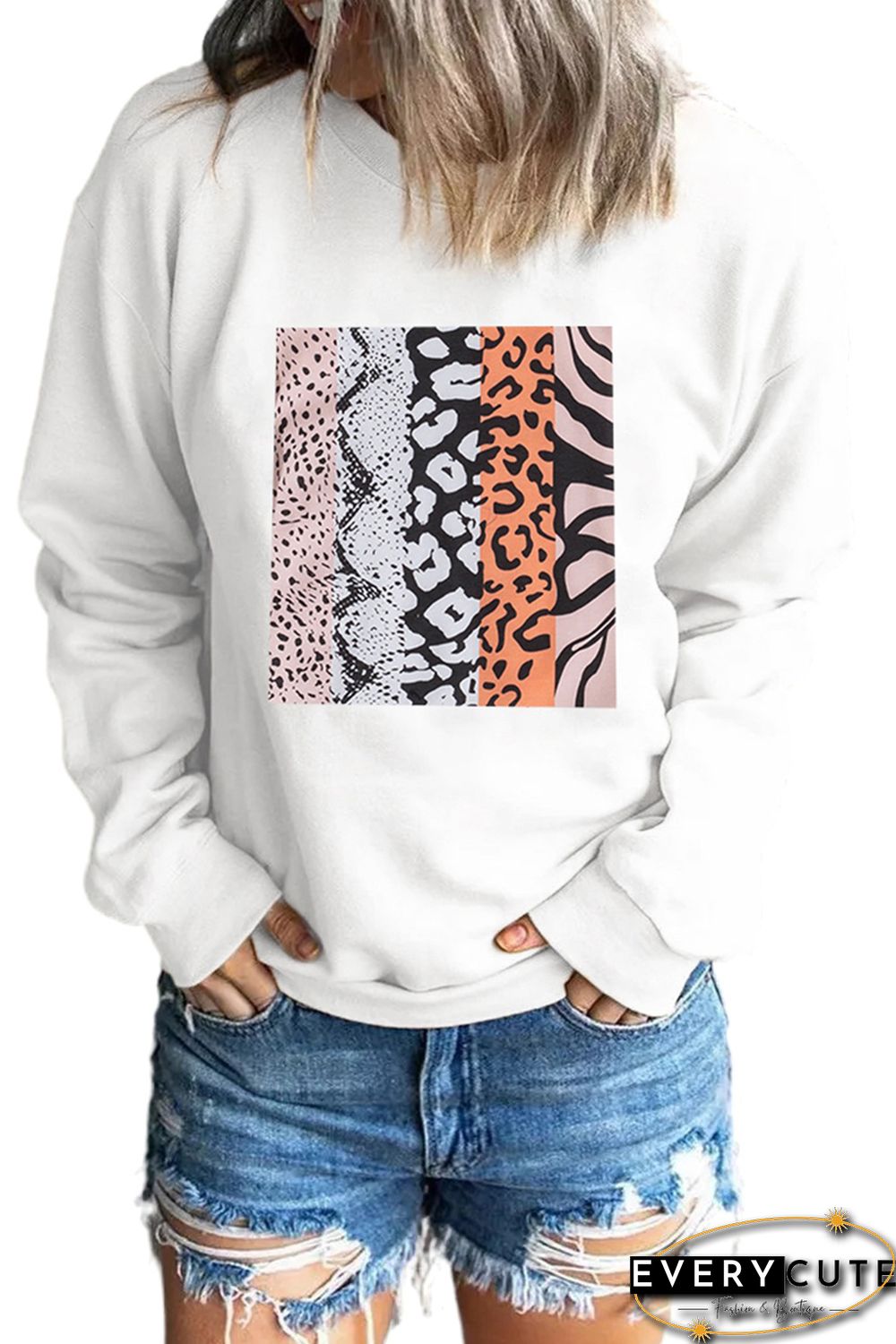 White Leopard Snakeskin Zebra Patchwork Long Sleeve Sweatshirt