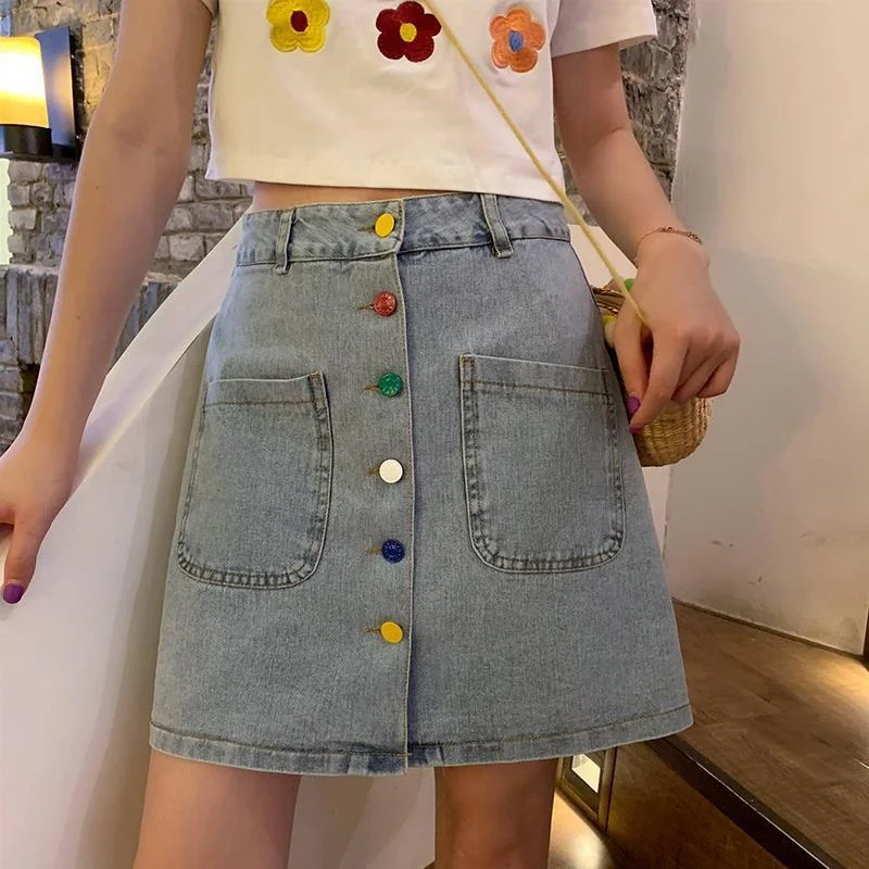 Ashgaily 2021 New Denim Skirts for Women High Waist Slimming Skirts Autumn Spring Buttons Tweed Wool Mini Skirt