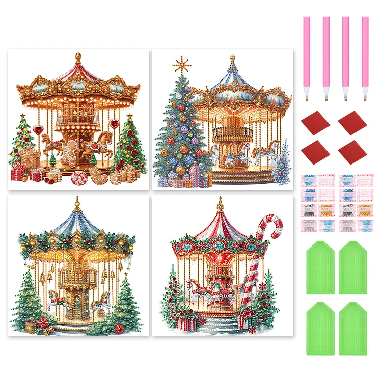 4 Pcs Carousel And Christmas Tree 30*30CM (Canvas) Special Shaped Drill Diamond Painting gbfke