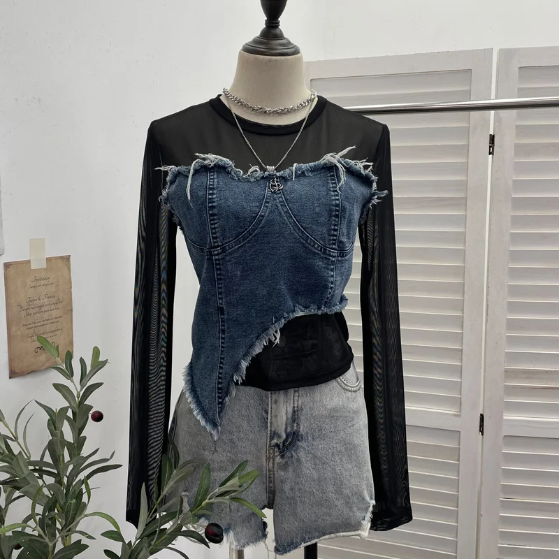 Churchf Design Feel Niche Cowboy Splicing Long-Sleeved Mesh T-Shirt Girl Summer Round Collar Dress Short Top 2617