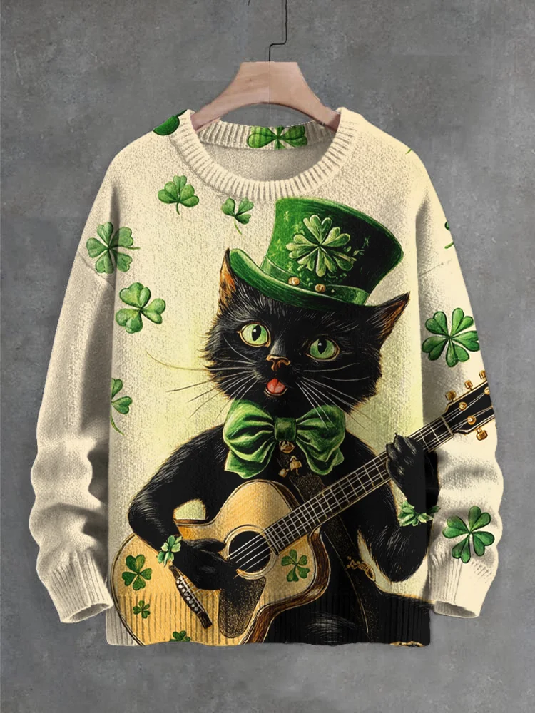 Men's St. Patrick's Day Black Cat Playing Guitar Clover Print Knit Sweatshirt
