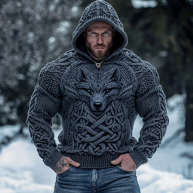 VChics Retro Wolf Inspired Viking Celtic Jacquard Chunky Hooded Sweater
