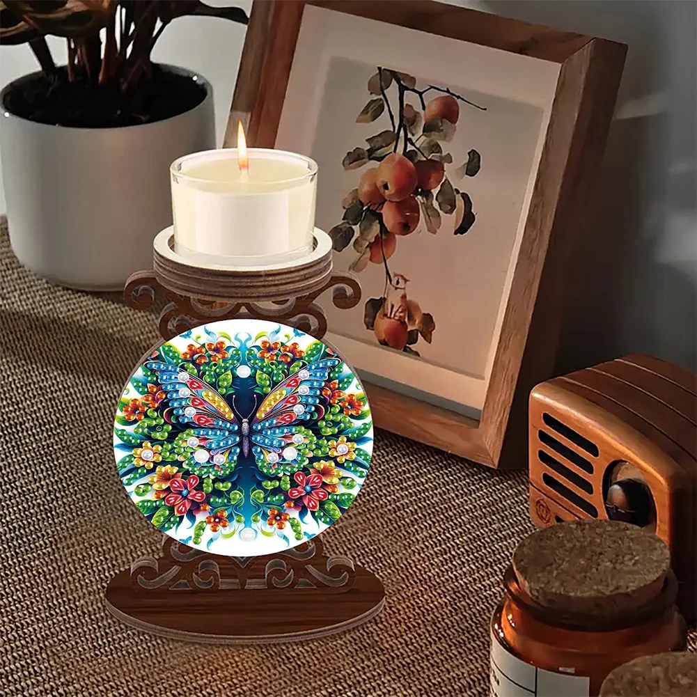 Wooden Diamond Painting Candle Holder Rhinestone Candlestick Decor (Butterfly)