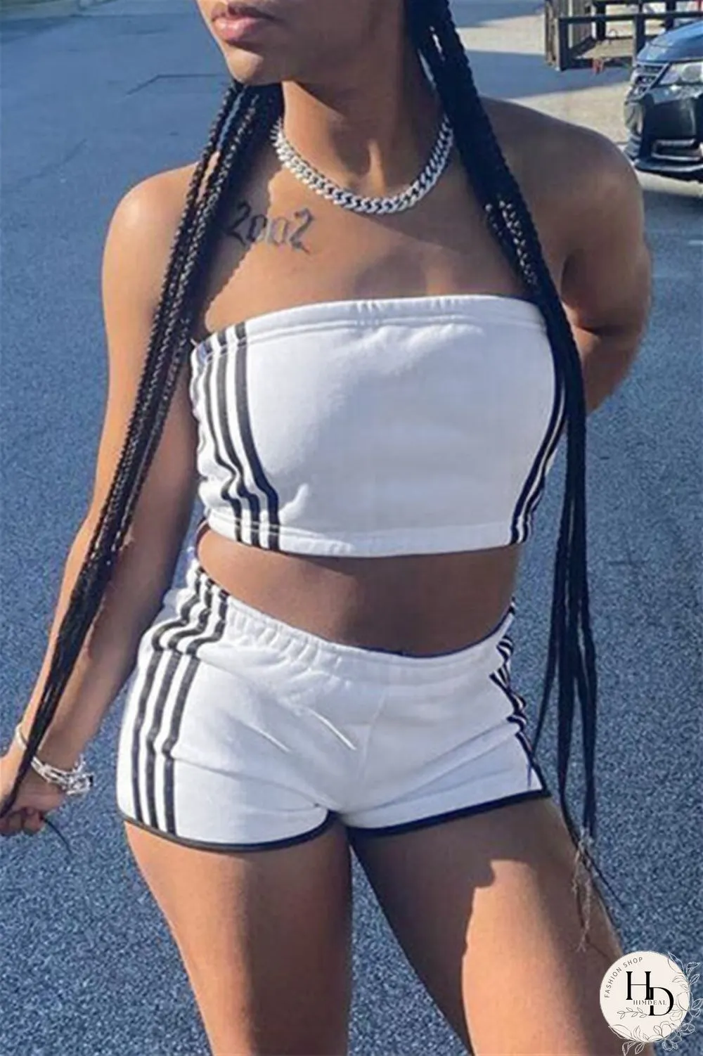 Black Sexy Casual Striped Split Joint Backless Strapless Sleeveless Two Pieces
