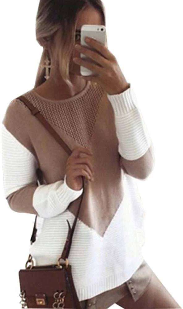 Sweaters for Women Long Sleeve Crew Neck Pullovers Stitching Color Loose Knitted Sweaters