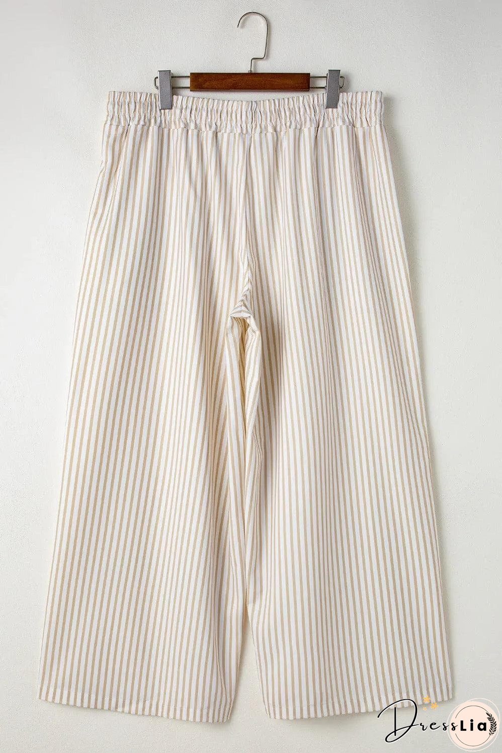 Khaki Stripe Plus Size Drawstring High Waist Wide Leg Pants