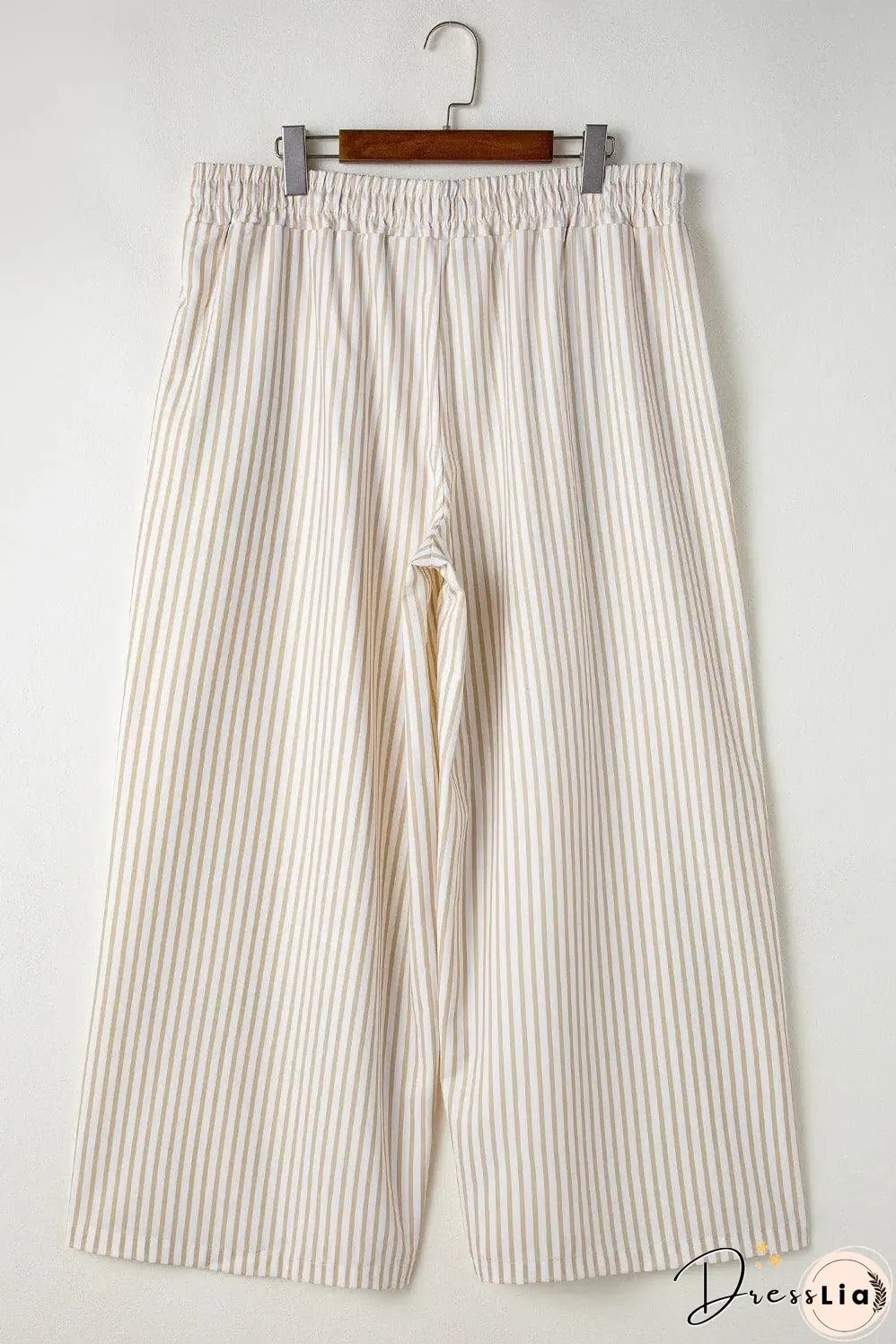 Khaki Stripe Plus Size Drawstring High Waist Wide Leg Pants