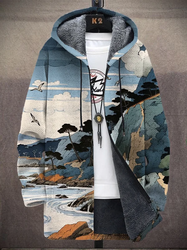 Men's Natural Landscape Japanese Art Print Hooded Trench Coat