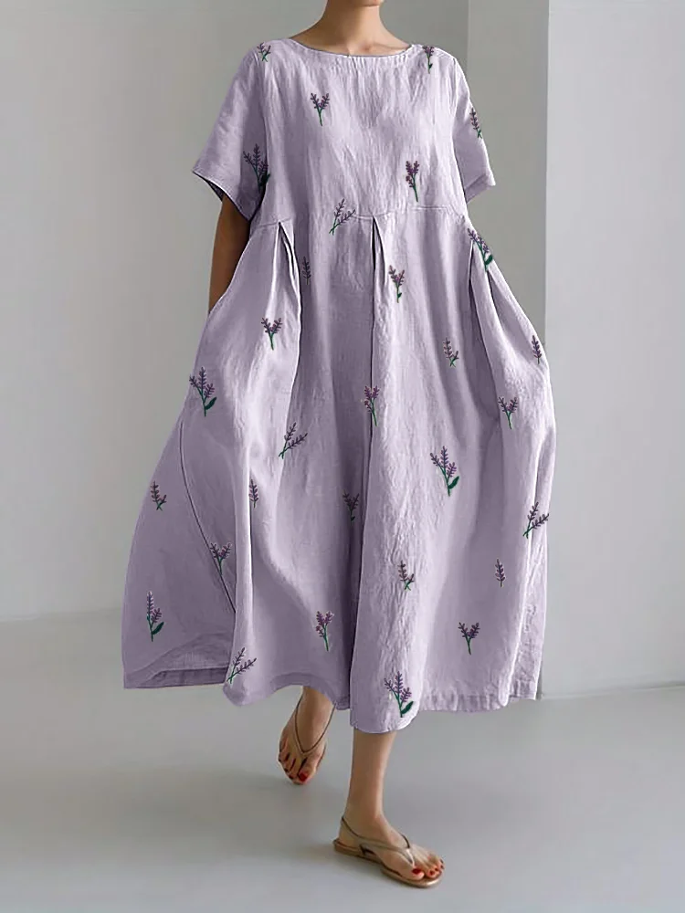 VChics Lavender Floral Embroidery Pattern Linen Blend Maxi Dress