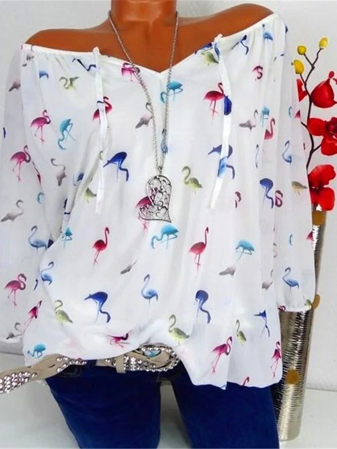 Flamingo Print 3 4 Sleeve Blouses