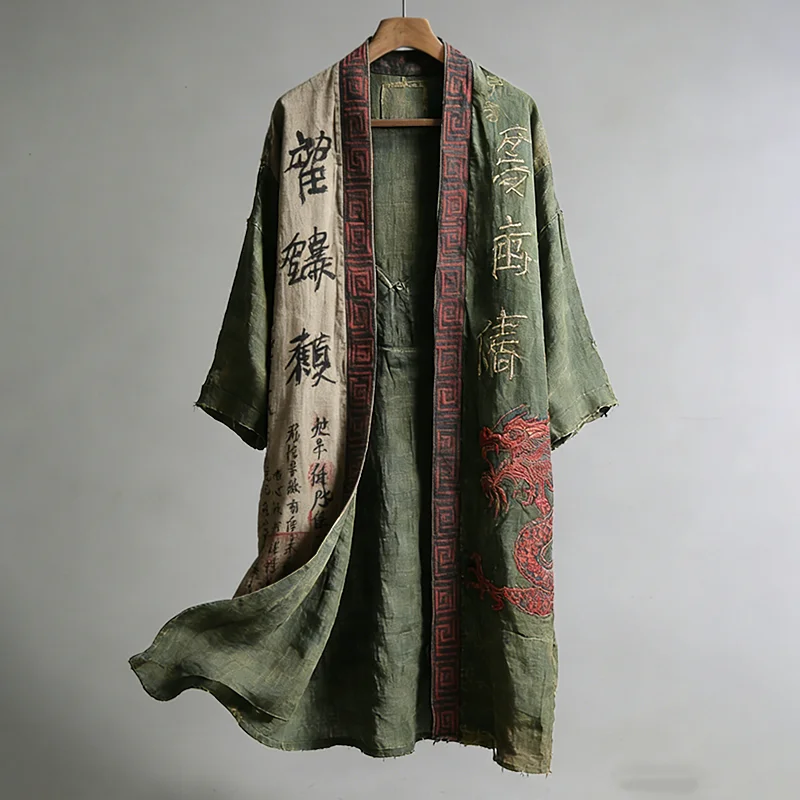 Men's Japanese Dragon Pattern Calligraphy And Painting Art Linen Long Kimono