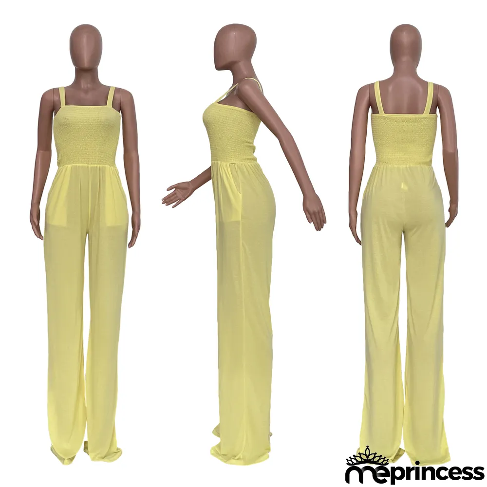Women'S Solid Casual Strap Sleeveless Wide Leg Jumpsuit